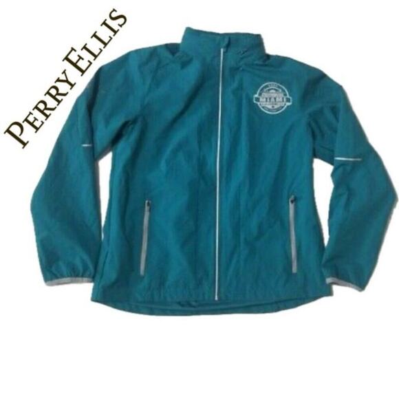 PERRY ELLIS WINDBREAKER JACKET ZIP OFF HOOD MIAMI SUPER BOWL LIV 2020 TEAL SZ M - Picture 1 of 11
